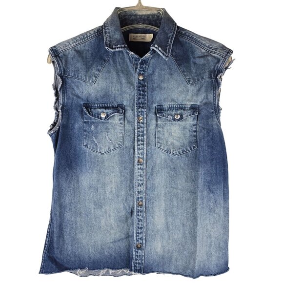 AllSaints Womens Sleeveless Distressed Denim Button-Up Shirt X-Small - Picture 1 of 6